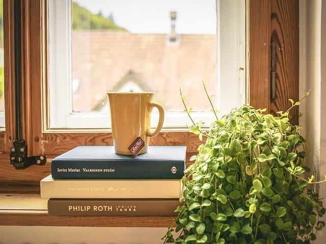 a cup on the books